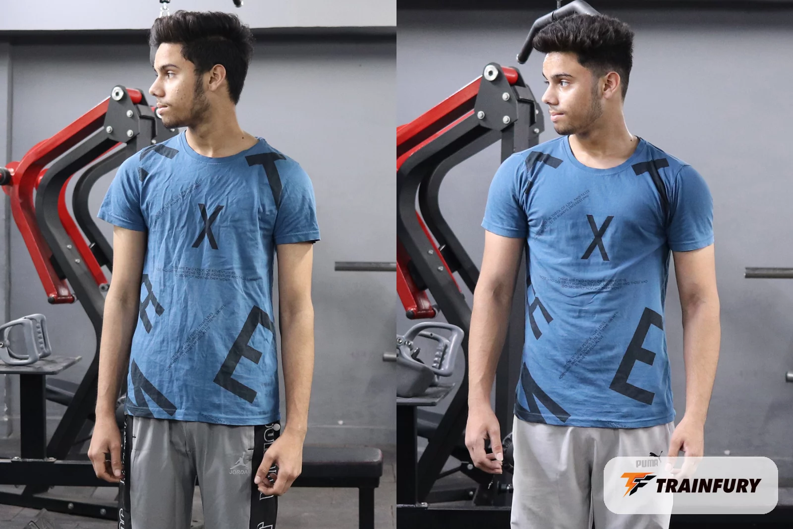 Pradeep before (left) and after 90 days of training (right), in the same blue T-shirt at the gym