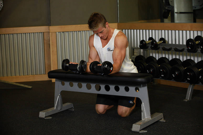 Palms-Up Dumbbell Wrist Curl Over A Bench, end position