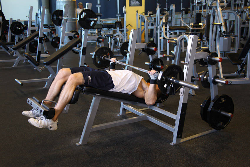 Wide-Grip Decline Barbell Bench Press, end position