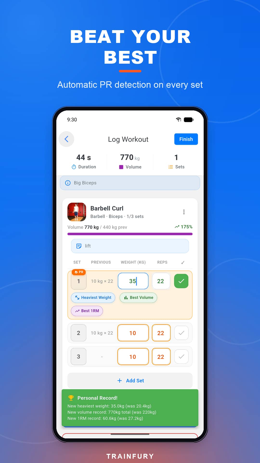 Beat your best: automatic personal record detection while logging a set
