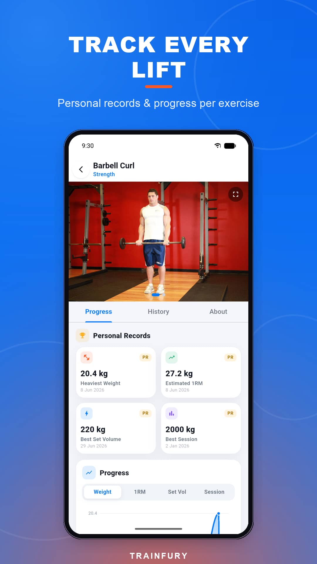 Track every lift: personal records and progress charts per exercise