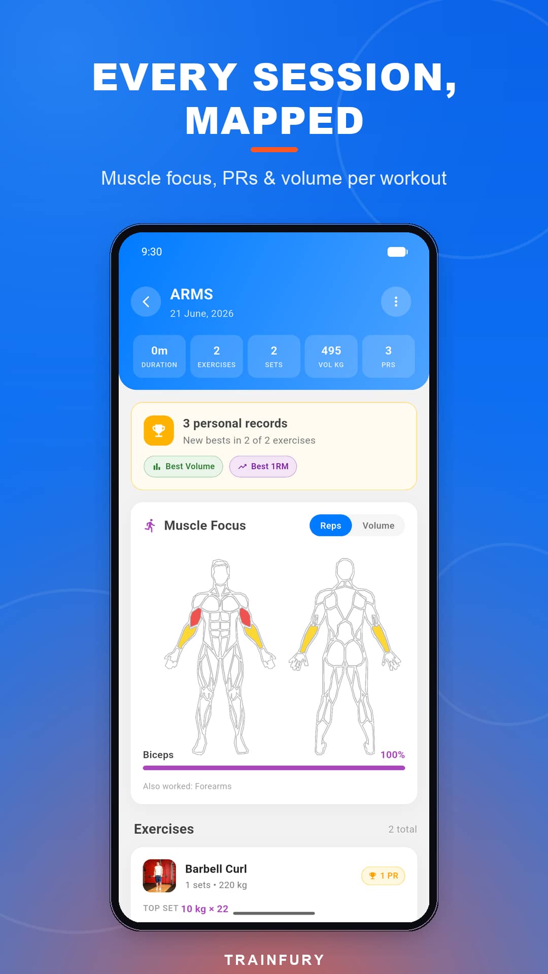 Every session mapped: muscle focus, PRs and volume per workout