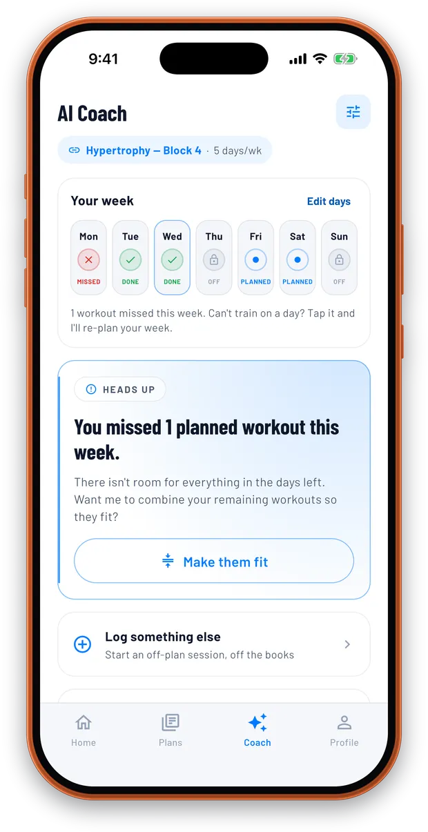 TrainFury coach tab showing Monday marked as missed and a heads up card offering to make the remaining workouts fit