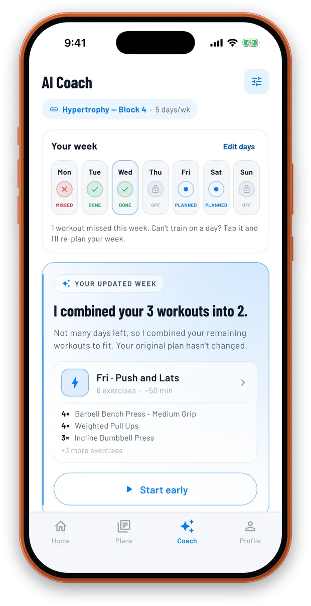 TrainFury showing the rebuilt week: three workouts combined into two, with the new Friday session and its six exercises listed