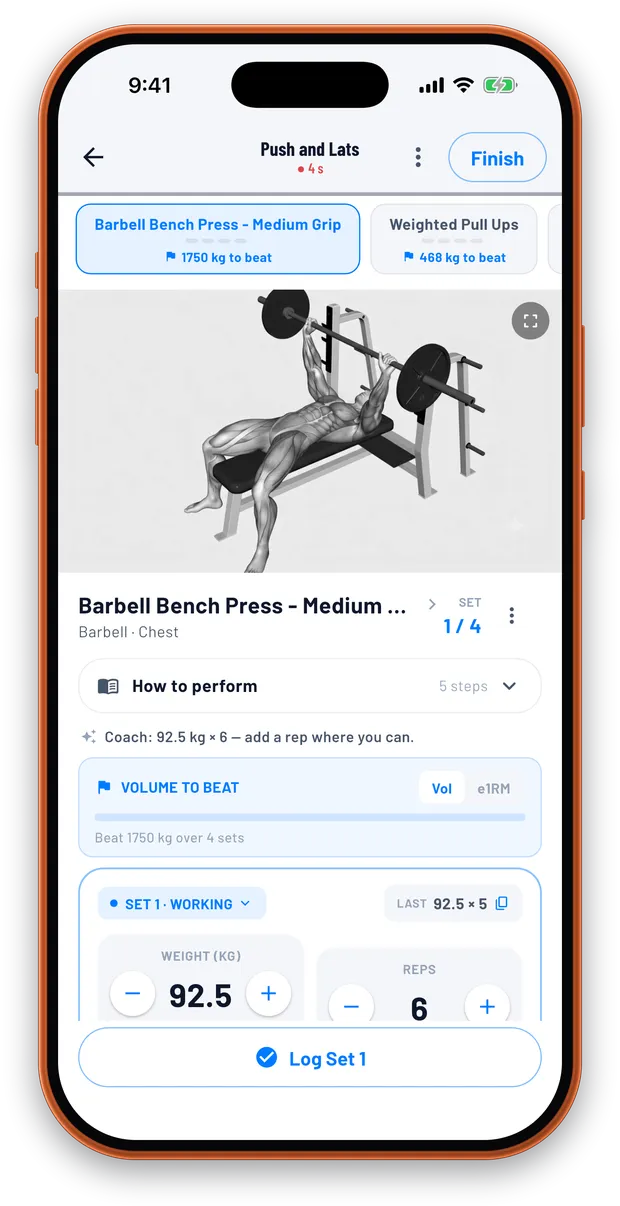TrainFury telling you to lift 92.5 kg for 6 reps on your next set of bench press