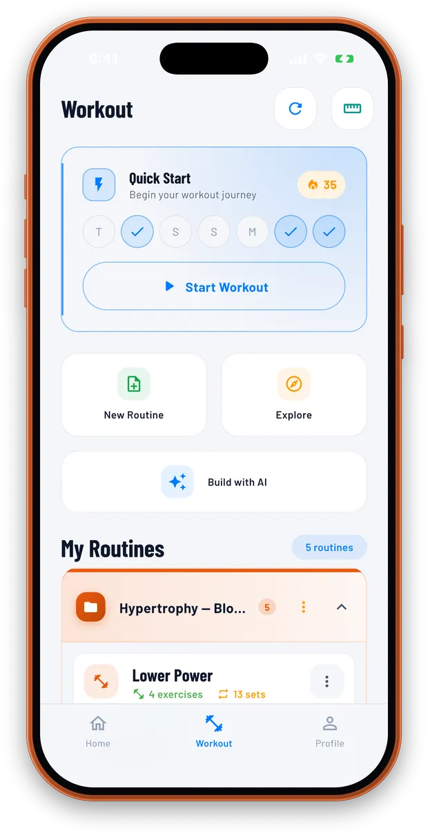 TrainFury log mode home with three tabs, a 35 week streak, quick start and the saved routines list
