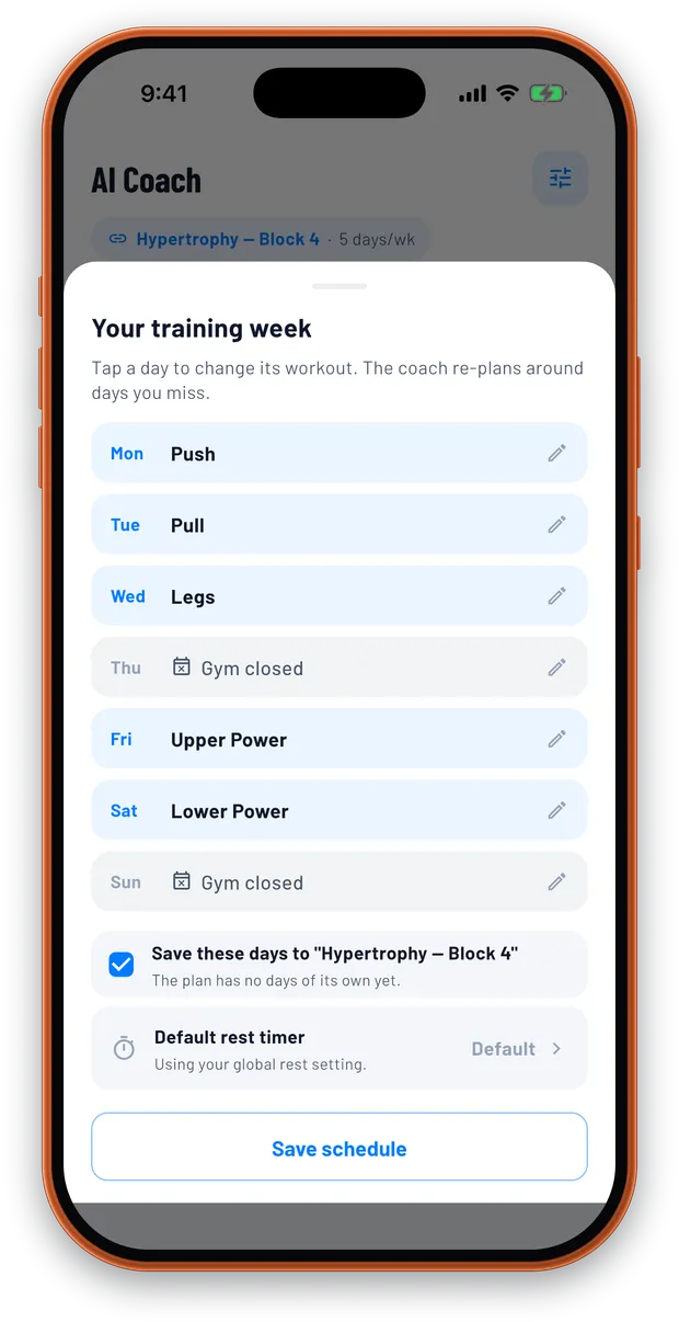 TrainFury training week editor with a workout assigned to each day, two days marked gym closed, and a note that the coach re-plans around days you miss