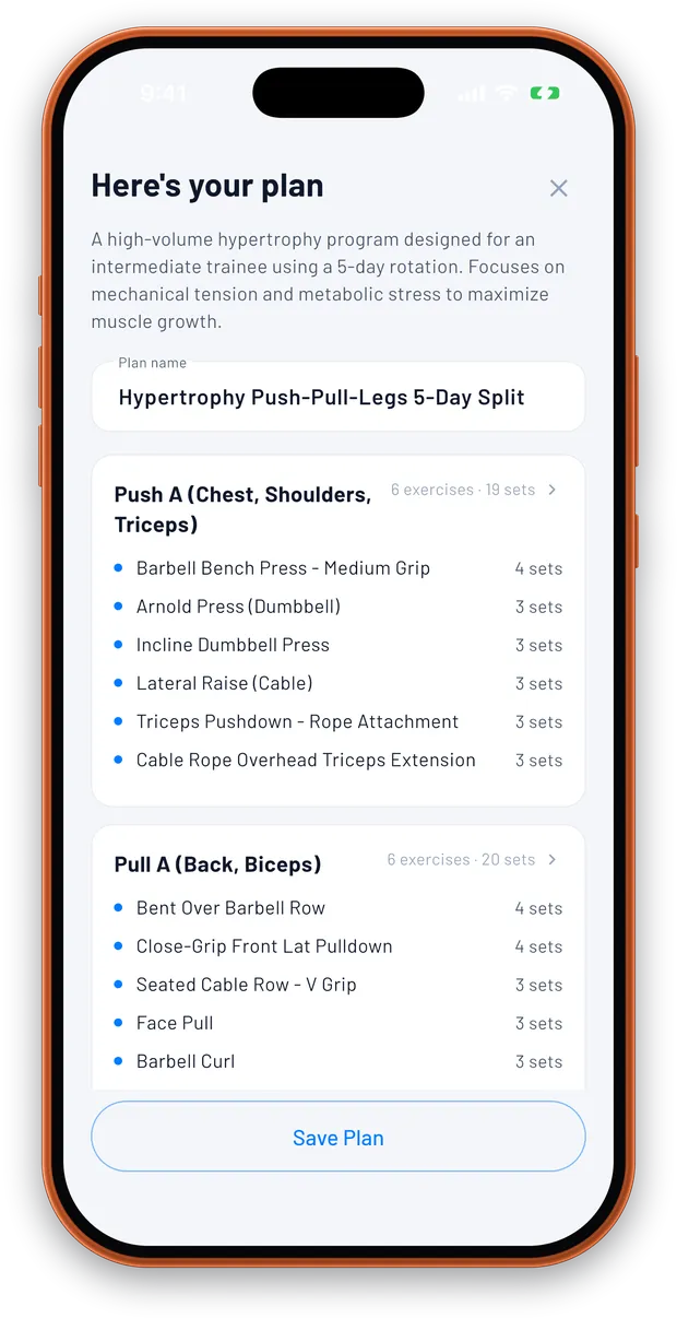 TrainFury plan review screen showing a generated hypertrophy push pull legs five day split with day cards and exercise lists, not yet saved