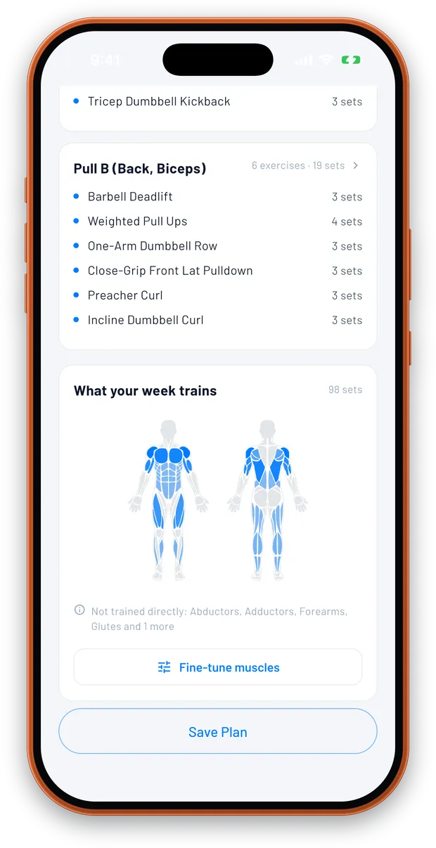 TrainFury showing what your week trains: 98 sets across front and back anatomical maps, naming the muscles not trained directly