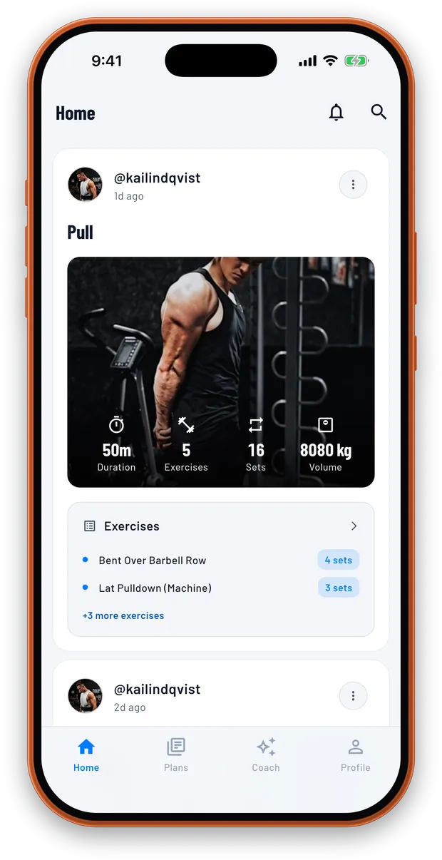 TrainFury home feed showing a followed athlete's Pull session with a workout photo and its duration, exercises, sets and volume